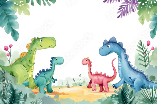 Cute cartoon dinosaur frame border on background in watercolor style.