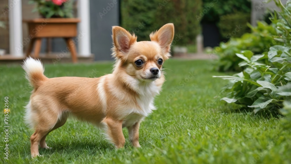 Fawn long coat chihuahua dog in the garden Fawn long coat chihuahua dog in the garden
