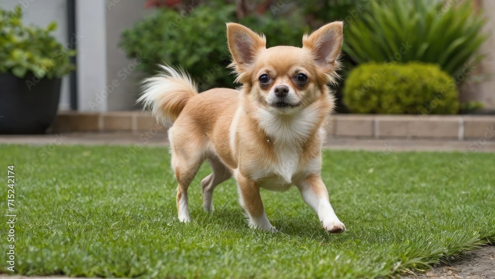 Fawn long coat chihuahua dog in the garden Fawn long coat chihuahua dog in the garden