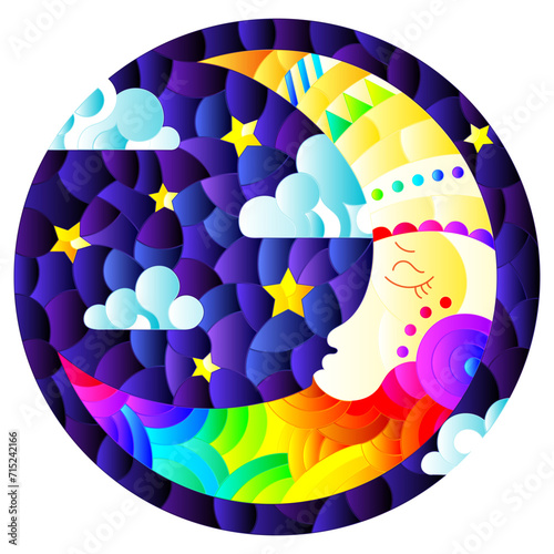 Illustration in stained glass style with moon on cloudy sky background, oval image