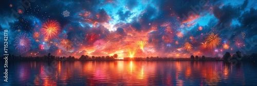 Holiday Fireworks Above Water Reflection, Background HD, Illustrations © Cove Art