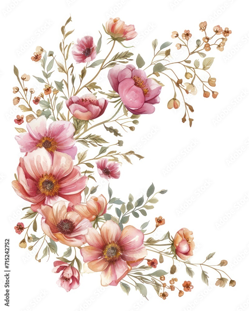 Watercolor Floral bouquet ornament, frame background, clipart, isolated on a white background