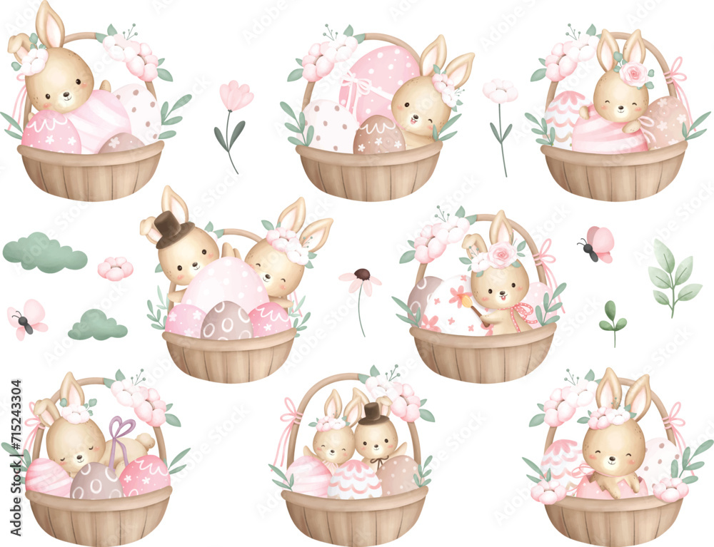Fototapeta premium Watercolor Illustration set of Easter Rabbit in basket with Easter Eggs
