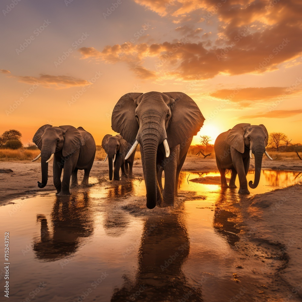 Fototapeta premium elephants at sunset