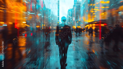 Time lapse photography of a busy, fast-moving businessman reflected in a building glass © Satoru