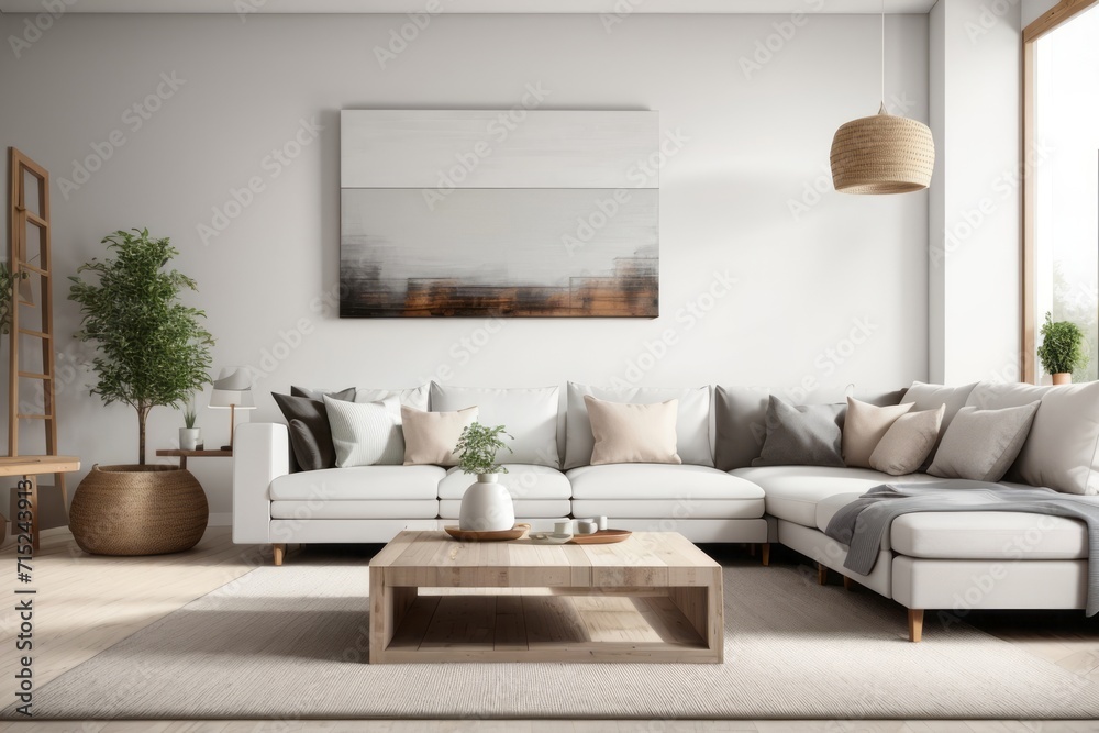 Rustic farmhouse interior home design of living room with white sofa and wooden square table Rustic farmhouse interior home design of living room with white sofa and wooden square table