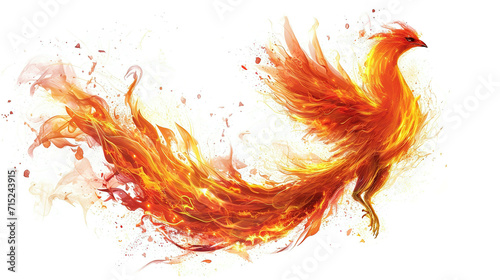 Phoenix on fire png, isolated on white or transparent background, bird burning