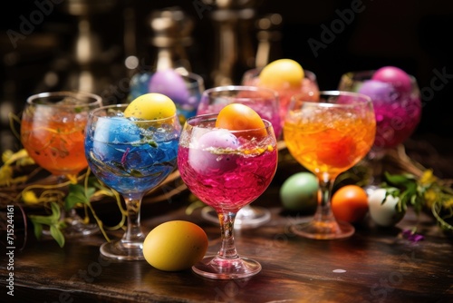 Easter Egg Nests: Place colorful Easter egg nests around glasses filled with vibrant drinks, capturing the festive atmosphere.