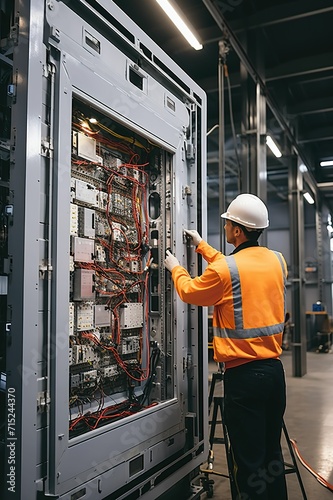 Worker repairing an electric motor, repairman of a large machine