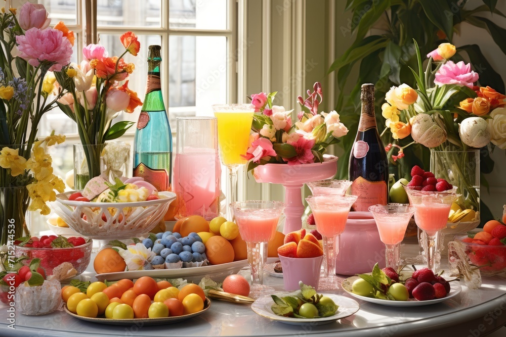 Easter Brunch Spread: Set up a brunch table with an array of Easter drinks, surrounded by Easter-themed decorations.