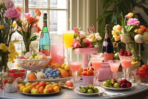 Easter Brunch Spread: Set up a brunch table with an array of Easter drinks, surrounded by Easter-themed decorations.