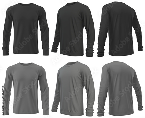 Set of Black grey long sleeve shirt front, back and side view cutout on transparent background. Mockup template product presentation.