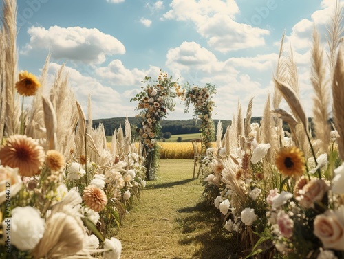 Outdoor wedding venue on the lawn, spring outdoor wedding, Tuscany outdoor wedding venue, lawn wedding decorated with flowers, wedding invitation card, outdoor celebration invitation card