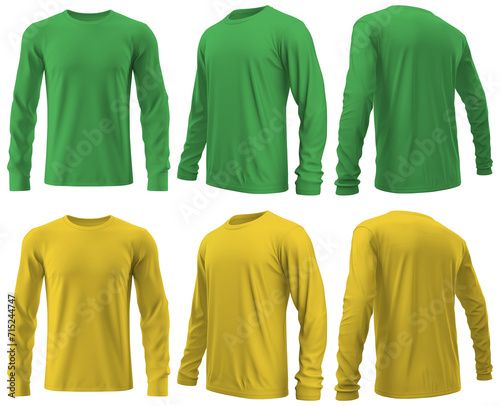 Set of Green yellow long sleeve shirt front, back and side view cutout on transparent background. Mockup template product presentation. photo