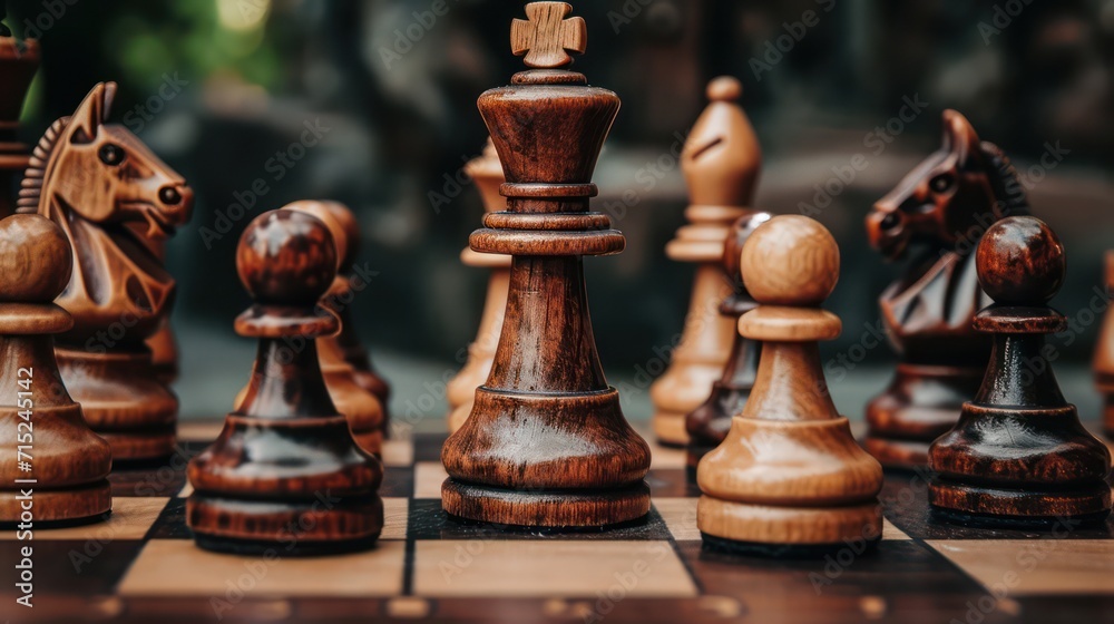 Background concept for business strategy with copy space, showcasing prominent chess and strategic pieces Background concept for business strategy with copy space, showcasing prominent chess and strategic pieces