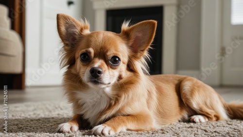 Fawn long coat chihuahua dog laying on the floor indoor © QuoDesign