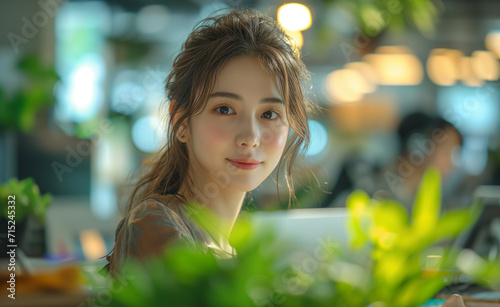 Beautiful Japanese woman smiling at us in her office