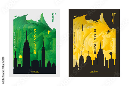Kuala Lumpur city poster pack with abstract skyline, cityscape, landmark and attraction. Malaysia capital megapolis vector illustration layout set for vertical brochure, website, flyer, presentation