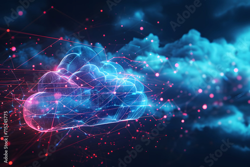 Digital data processing in the virtual cloud abstract background. Glowing digital cloud with pixels, lines, connectivity, and data flow in the virtual world. Cloud computing Background.