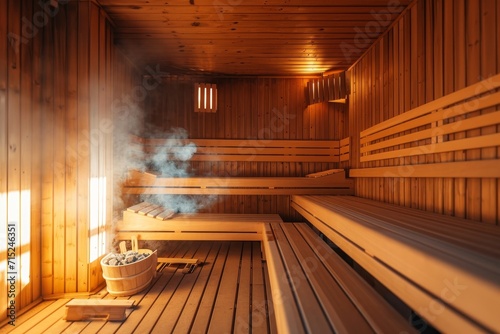 Empty finnish sauna room modern interior of wooden spa cabin with dry steam. © kardaska