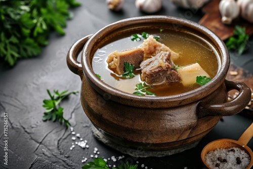 Traditional beef broth with vegetable, bones and ingredients in pot photo
