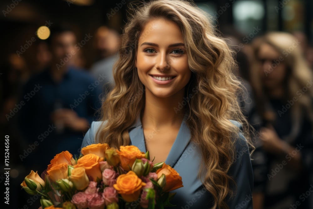 Happy businesswoman receiving a bouquet of flowers as a surprise from her team, Generative AI Happy businesswoman receiving a bouquet of flowers as a surprise from her team, Generative AI