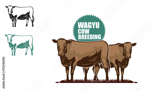 WAGTU GREAT COW LOGO, silhouette of strong and healthy cattle standing at farm, vector illustrations