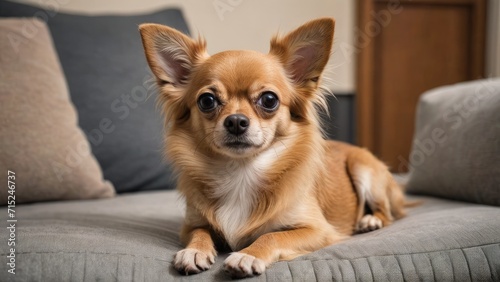 Fawn long coat chihuahua dog lying on sofa at home © QuoDesign