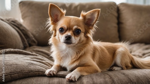 Fawn long coat chihuahua dog lying on sofa at home © QuoDesign