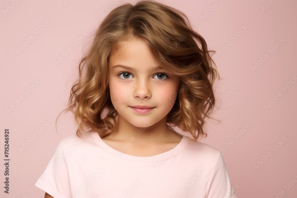 portrait of a beautiful little girl with blond curly hair on a pink background portrait of a beautiful little girl with blond curly hair on a pink background