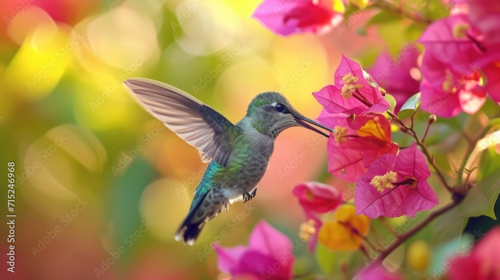 Fototapeta premium Closeup of a graceful hummingbird with a glittering iridescent throat sipping from a of pink and yellow blooms on a blooming bougainvillea vine