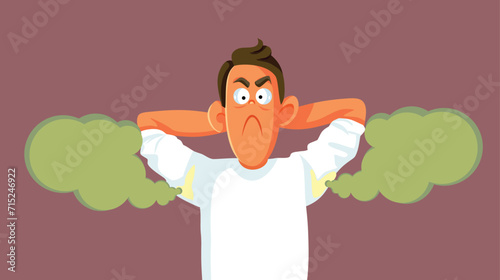 Funny Man with Smelly Armpits Having Sweaty Body Vector Illustration. Unhappy guy dealing with hyperhidrosis side effects in real life 
