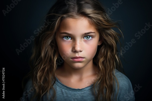 Portrait of a beautiful little girl with long hair on dark background