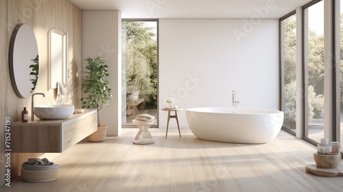 Modern bathroom interior with wooden walls  wound mirror  sink and large bathtub. Created with Ai