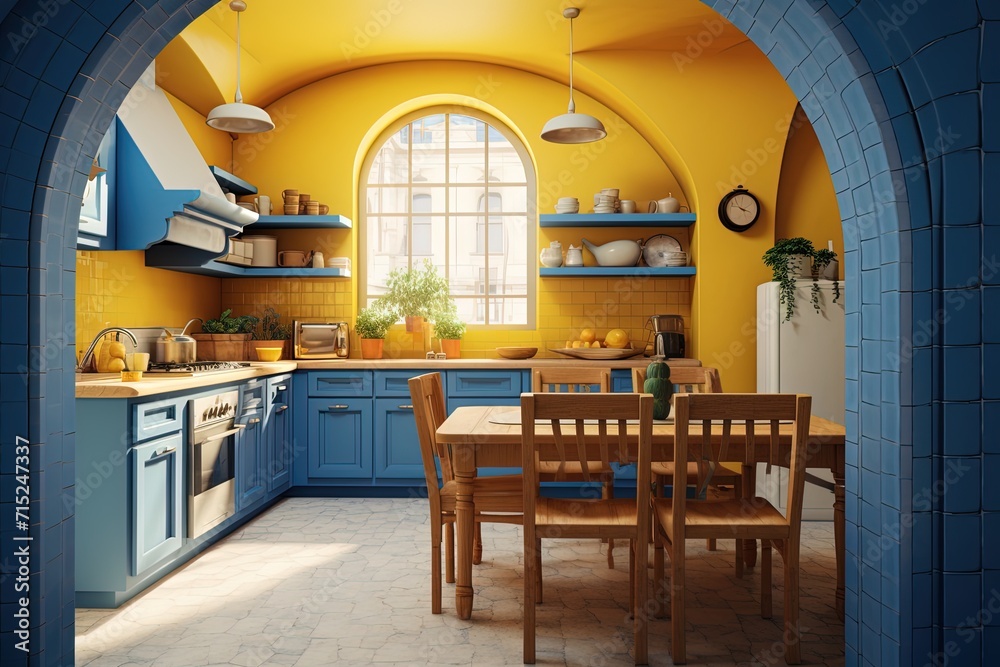 Modern kitchen interior design with yellow walls, blue fridge, chairs and table