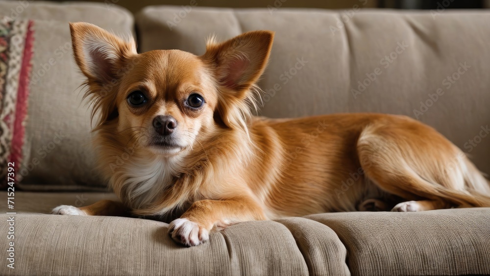 Fawn long coat chihuahua dog lying on sofa in living room Fawn long coat chihuahua dog lying on sofa in living room