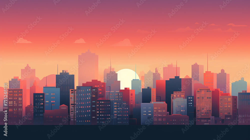 An illustration of a clean, minimal cityscape, buildings reduced to geometric against a dusky sky