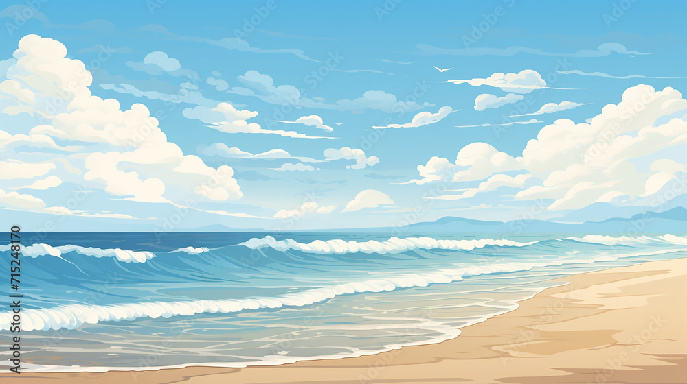clean uncluttered beach scene where the horizon meet the sea in soothing palette of blues sandy hues - obrazy, fototapety, plakaty 