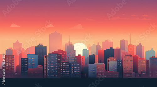 An illustration of a clean, minimal cityscape, buildings reduced to geometric against a dusky sky photo