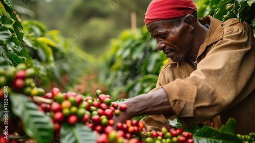 African farmer working in his Tanzanian coffee field with a big copy space, Generative AI.