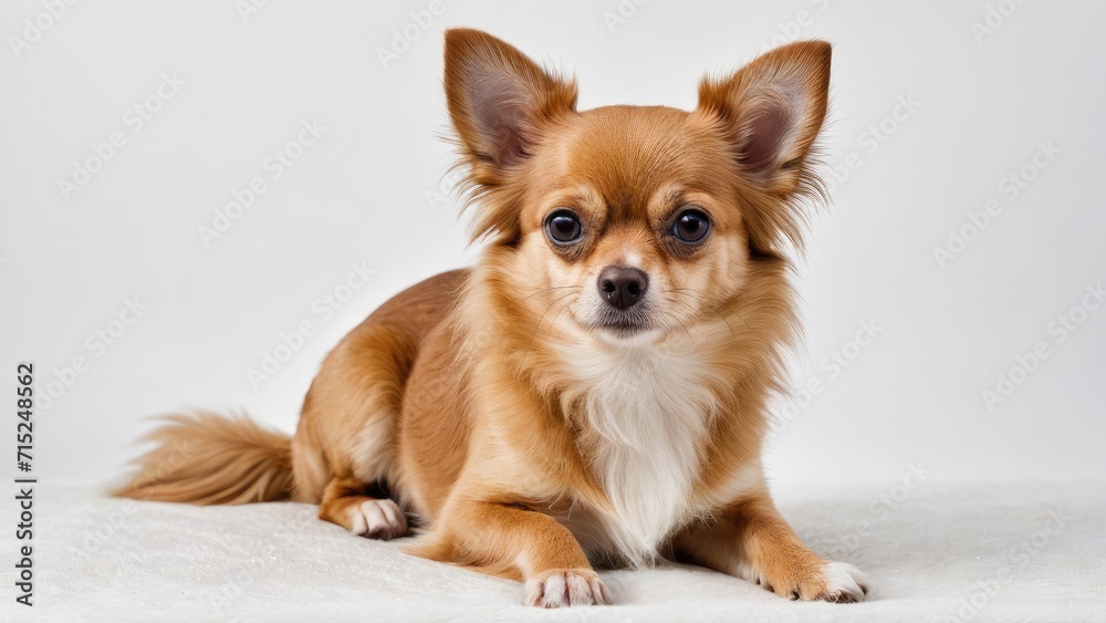 Fawn long coat chihuahua dog on grey background Fawn long coat chihuahua dog on grey background