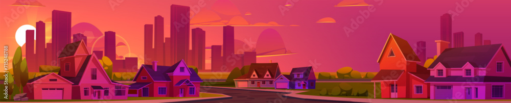 Town street against sunset city background. Vector cartoon illustration of cozy cottages along rural alley with green grass, modern skyscrapers, pink and orange sky, sun on horizon, dusk cityscape