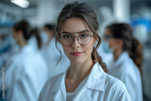 In a modern Medical Science Lab, a young woman scientist dons a white coat and glasses, epitomizing brilliance. Surrounded by a dedicated team, she embodies innovation and expertise.