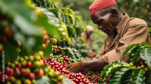 African farmer working in his Tanzanian coffee field with a big copy space, Generative AI.