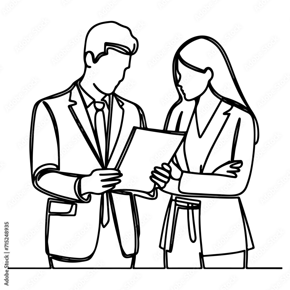 Business discussion of man and woman standing talking about document and holding document. continuous one line art drawing of business meeting with handshake Business discussion of man and woman standing talking about document and holding document. continuous one line art drawing of business meeting with handshake