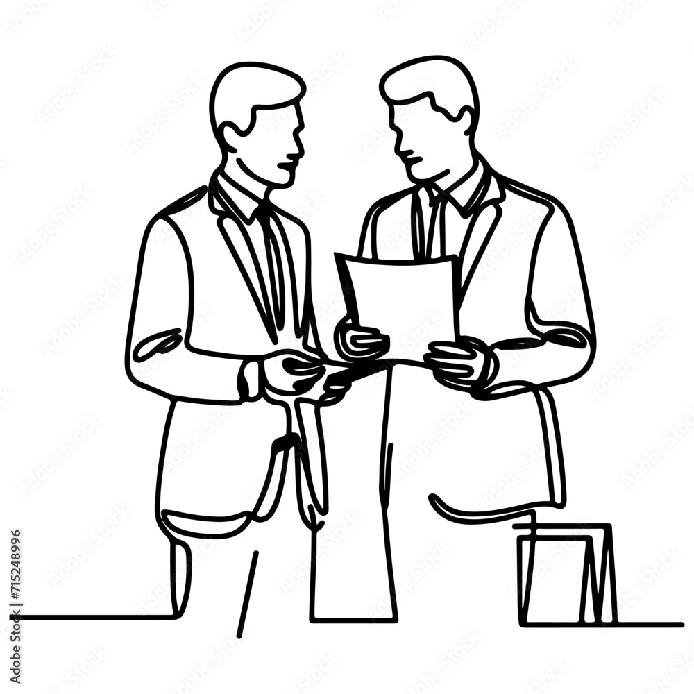 Business discussion of man and woman standing talking about document and holding document. continuous one line art drawing of business meeting with handshake Business discussion of man and woman standing talking about document and holding document. continuous one line art drawing of business meeting with handshake