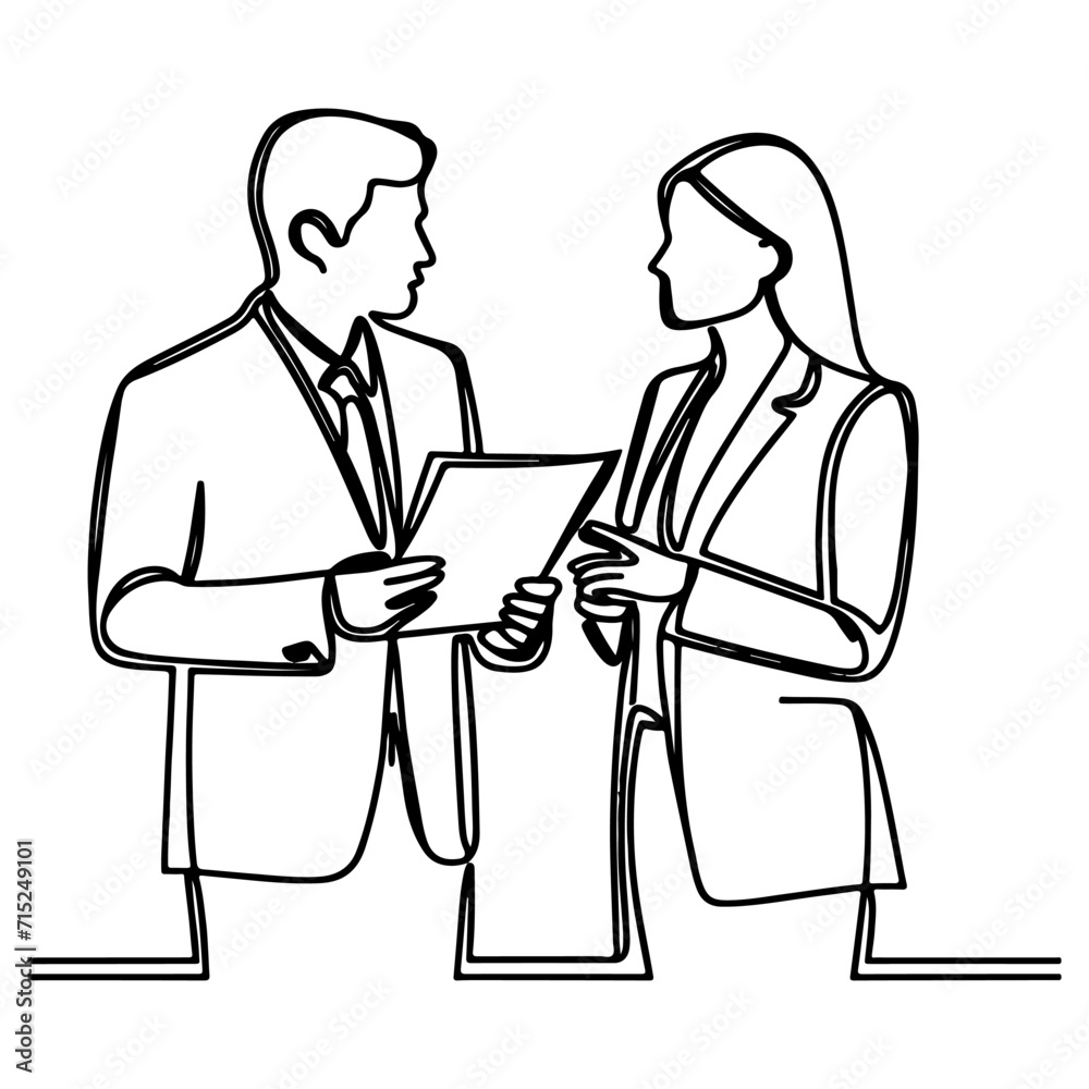 Business discussion of man and woman standing talking about document and holding document. continuous one line art drawing of business meeting with handshake