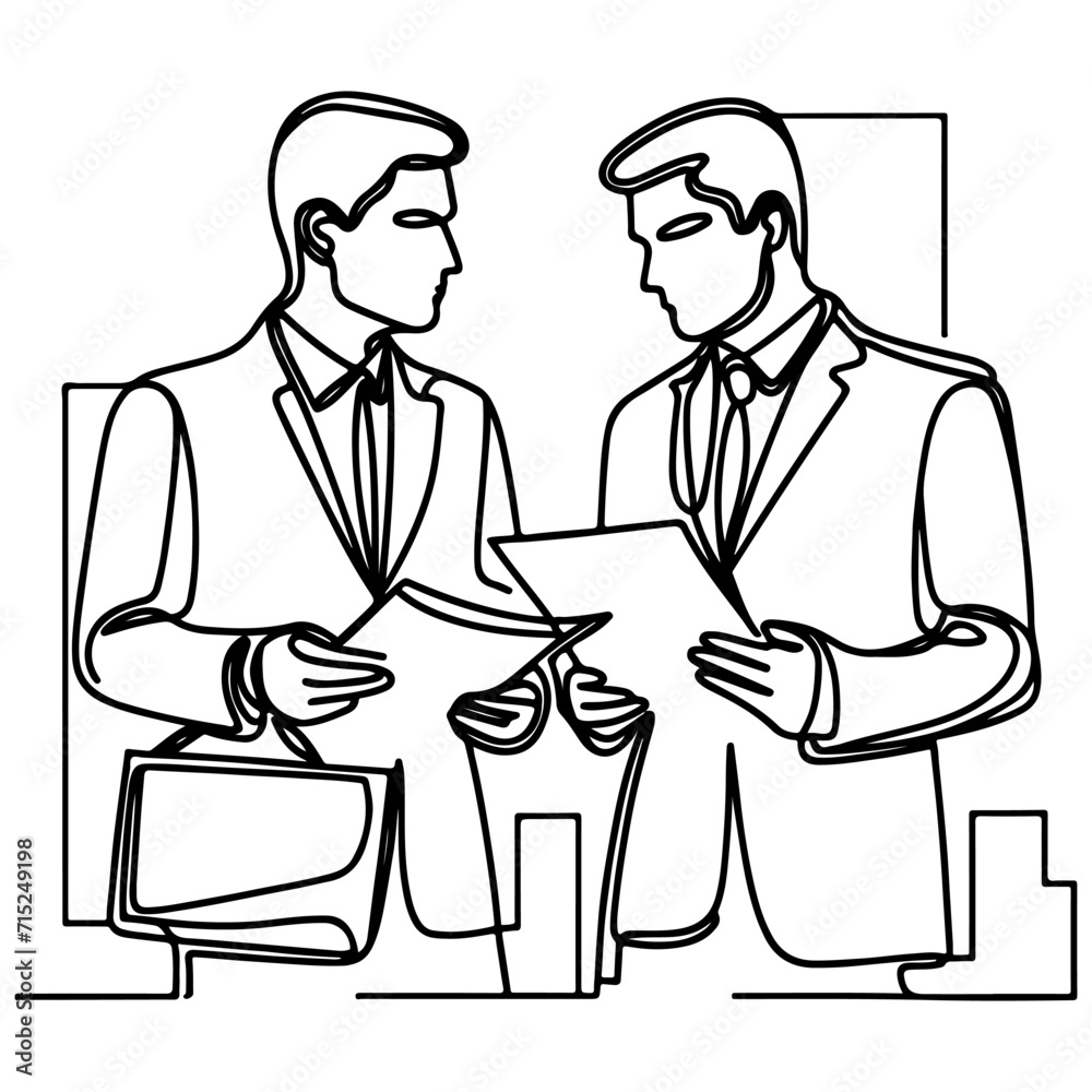 Business discussion of man and woman standing talking about document and holding document. continuous one line art drawing of business meeting with handshake