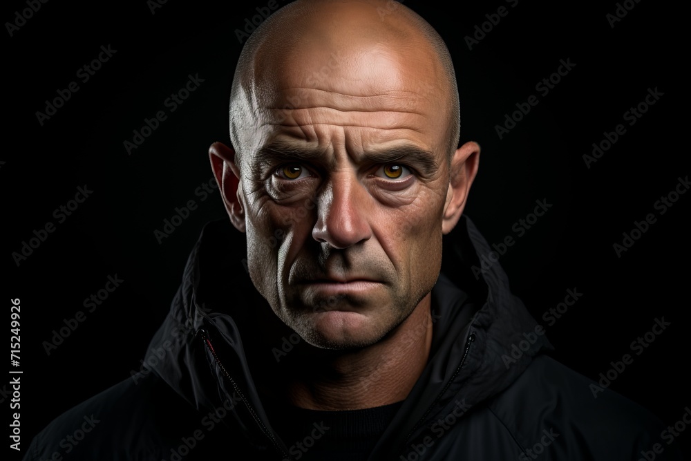 Portrait of a bald man in a jacket on a black background