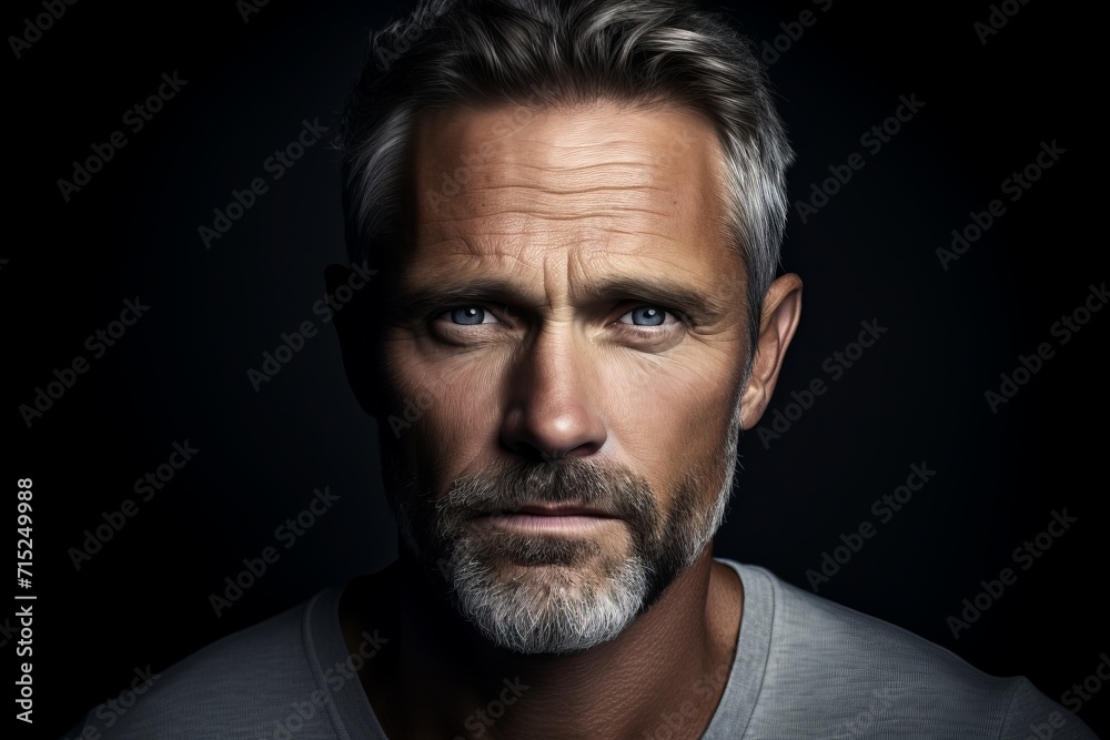 Portrait of a serious mature man over black background. Men's beauty, fashion.